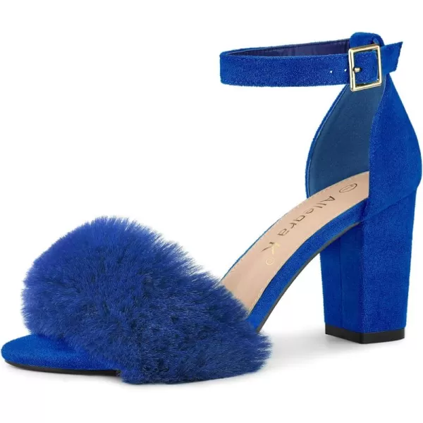 Allegra K Women's Faux Fur Ankle Strap Block Heels Sandals