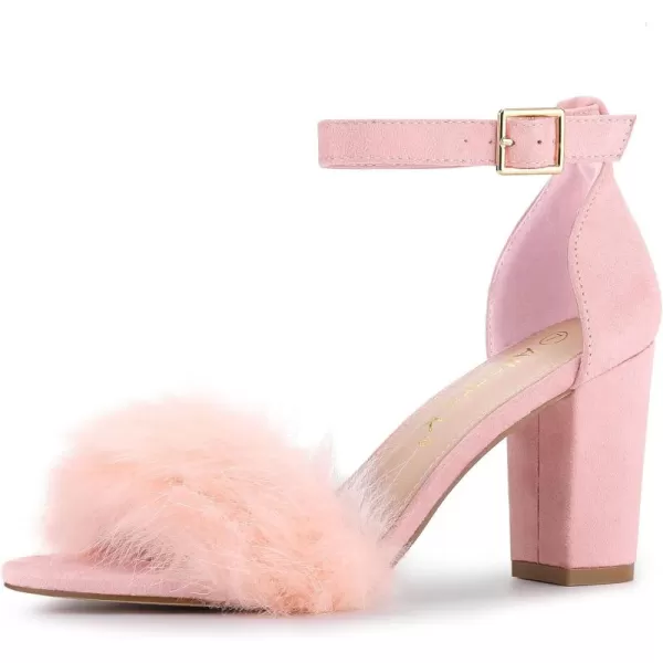 Allegra K Women's Faux Fur Ankle Strap Block Heels Sandals