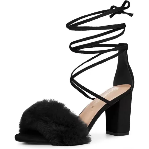 Allegra K Women's Faux Fur Lace Up Strappy Chunky Heels Sandals