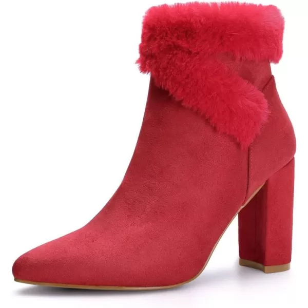 Allegra K Women's Faux Fur Pointed Toe Chunky Heel Ankle Boots