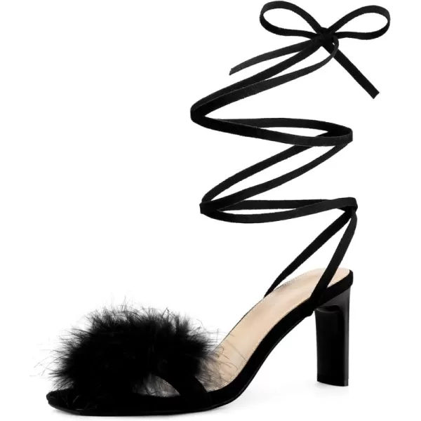 Allegra K Women's Faux Fur Slingback Block Heels Lace Up Sandals