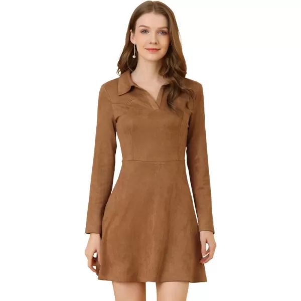 Allegra K Women's Faux Suede Dress V Neck Long Sleeve 2023 Fall Winter A-Line Mini Dress