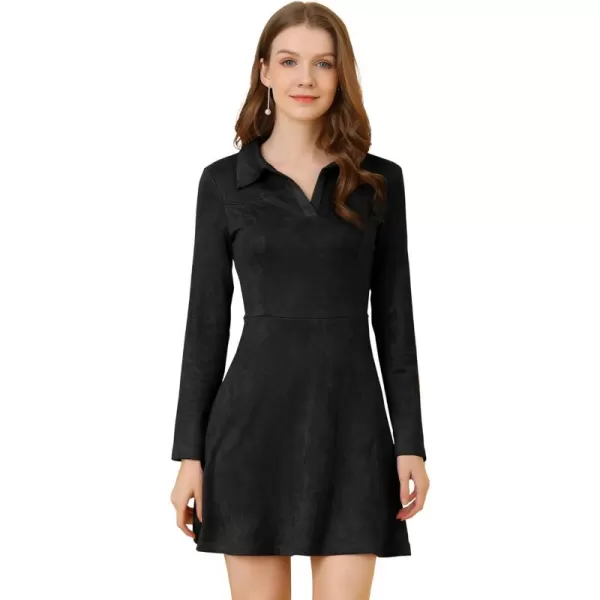 Allegra K Women's Faux Suede Dress V Neck Long Sleeve 2023 Fall Winter A-Line Mini Dress