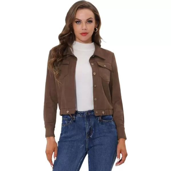 Allegra K Women's Faux Suede Point Collar Button Down Cropped Moto Biker Jacket