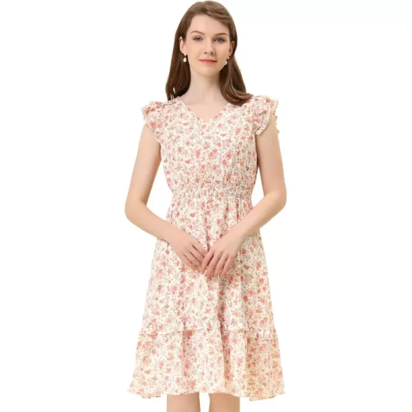 Allegra K Women's Floral Dress Flutter Sleeves 2023 V Neck Smocked Ruffle Dress