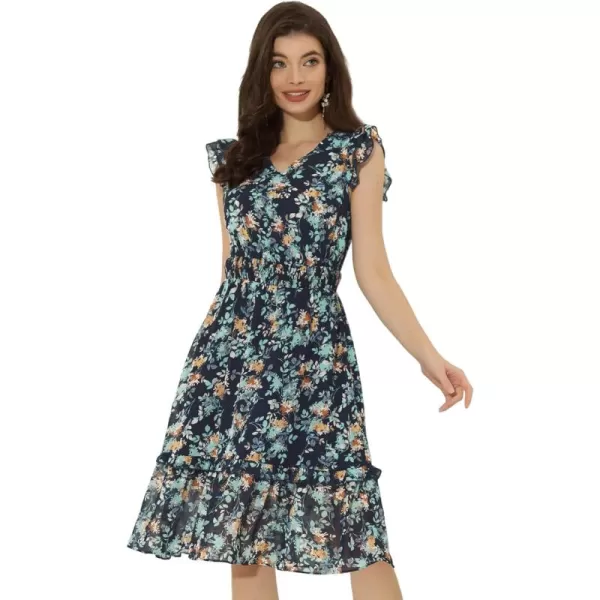 Allegra K Women's Floral Dress Flutter Sleeves 2023 V Neck Smocked Ruffle Dress