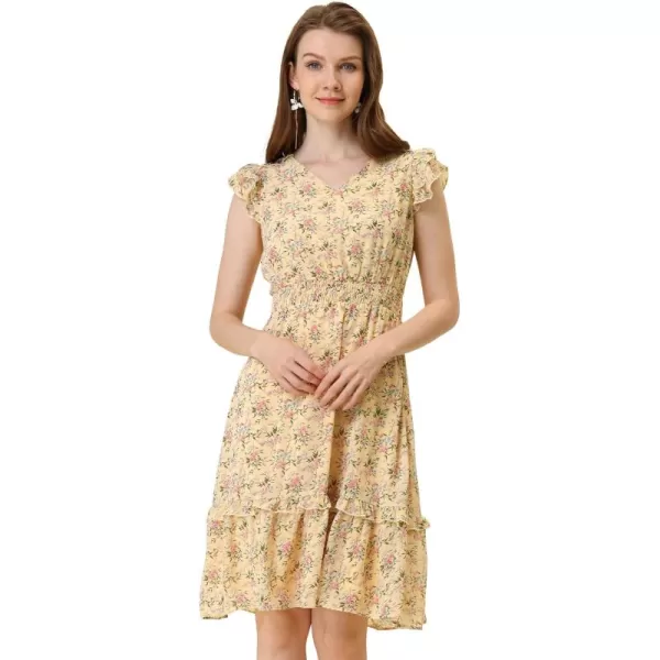 Allegra K Women's Floral Dress Flutter Sleeves 2023 V Neck Smocked Ruffle Dress