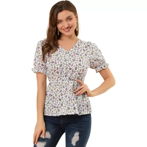 Allegra K Women's Floral Peasant Peplum Top Ruffle Hem Short Sleeve V-Neck Summer Blouse