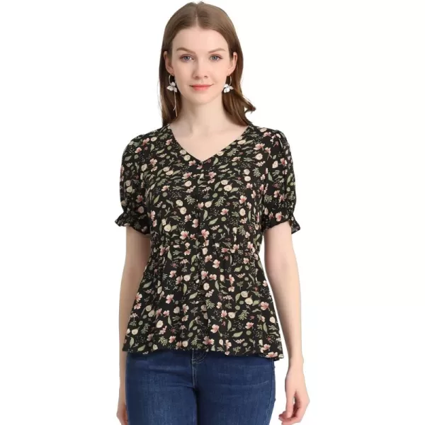 Allegra K Women's Floral Peasant Peplum Top Ruffle Hem Short Sleeve V-Neck Summer Blouse