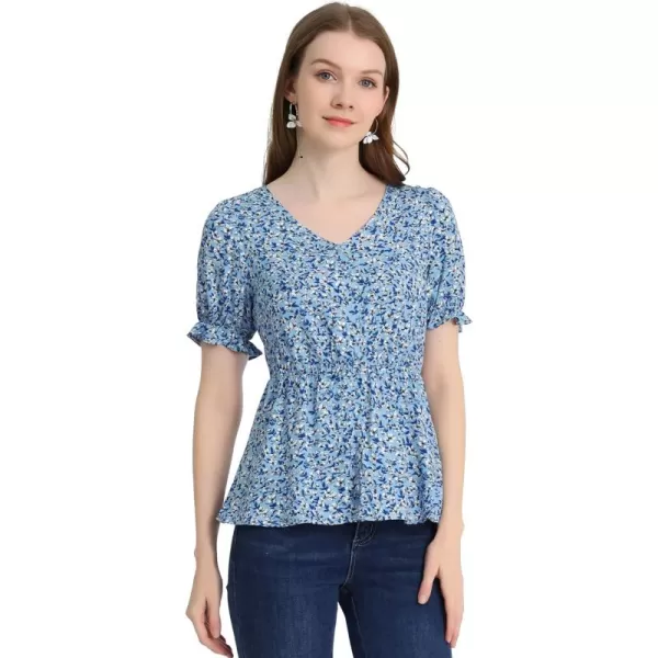 Allegra K Women's Floral Peasant Peplum Top Ruffle Hem Short Sleeve V-Neck Summer Blouse