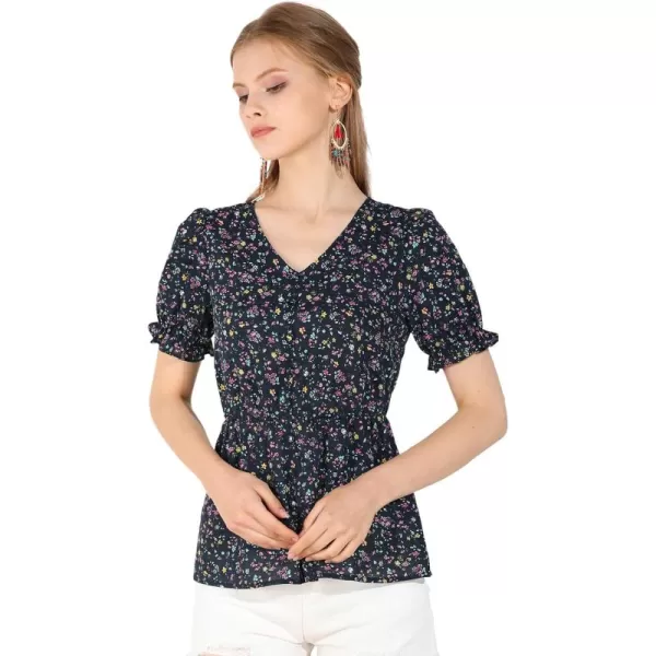 Allegra K Women's Floral Peasant Peplum Top Ruffle Hem Short Sleeve V-Neck Summer Blouse