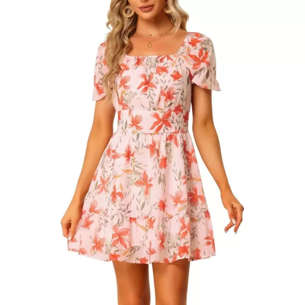 Allegra K Women's Floral Print Square Neck High Waist Summer Mini Dress