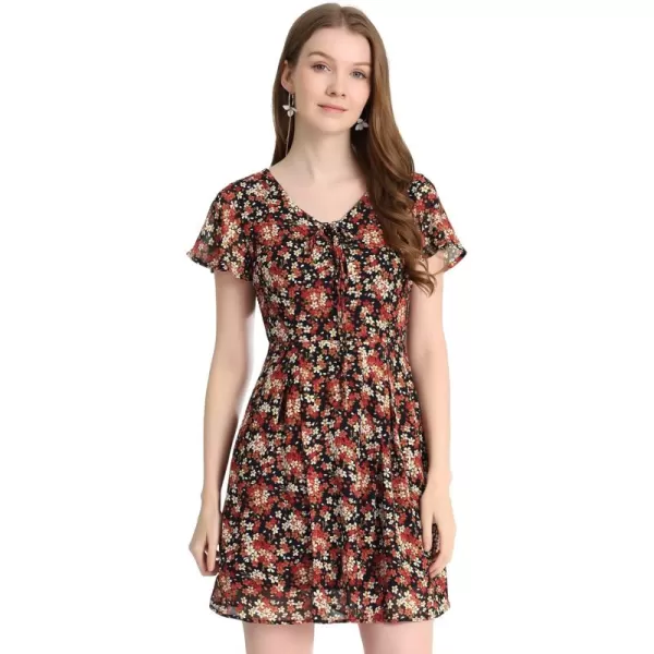 Allegra K Women's Floral Printed Spring Summer Flare Short Sleeve Lace-up V Neck Chiffon Dress