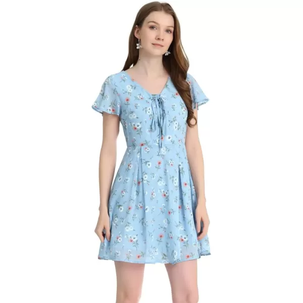 Allegra K Women's Floral Printed Spring Summer Flare Short Sleeve Lace-up V Neck Chiffon Dress