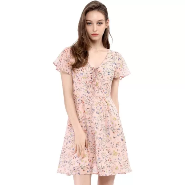 Allegra K Women's Floral Printed Spring Summer Flare Short Sleeve Lace-up V Neck Chiffon Dress