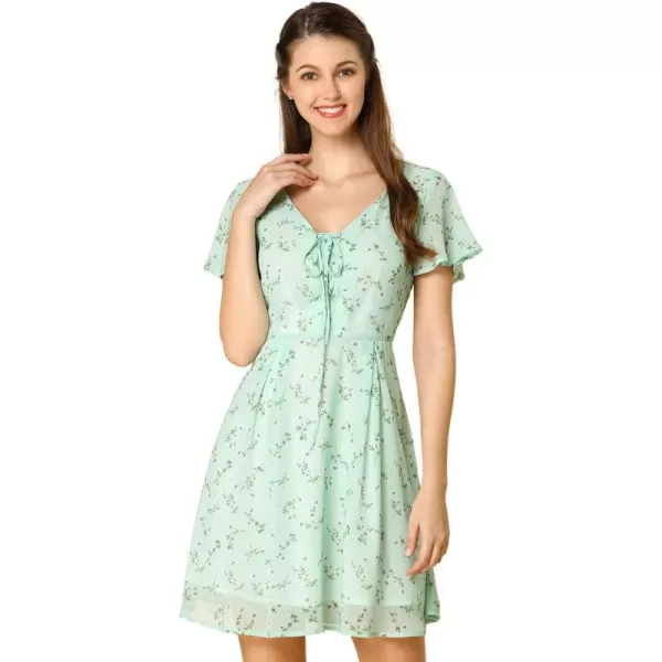 Allegra K Women's Floral Printed Spring Summer Flare Short Sleeve Lace-up V Neck Chiffon Dress