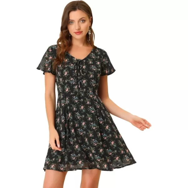 Allegra K Women's Floral Printed Spring Summer Flare Short Sleeve Lace-up V Neck Chiffon Dress