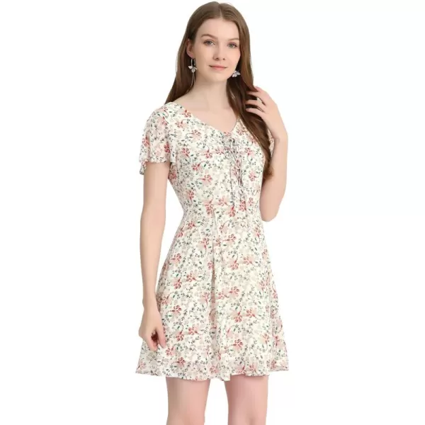 Allegra K Women's Floral Printed Spring Summer Flare Short Sleeve Lace-up V Neck Chiffon Dress