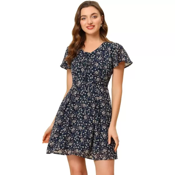 Allegra K Women's Floral Printed Spring Summer Flare Short Sleeve Lace-up V Neck Chiffon Dress