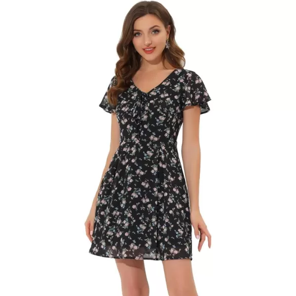 Allegra K Women's Floral Printed Spring Summer Flare Short Sleeve Lace-up V Neck Chiffon Dress