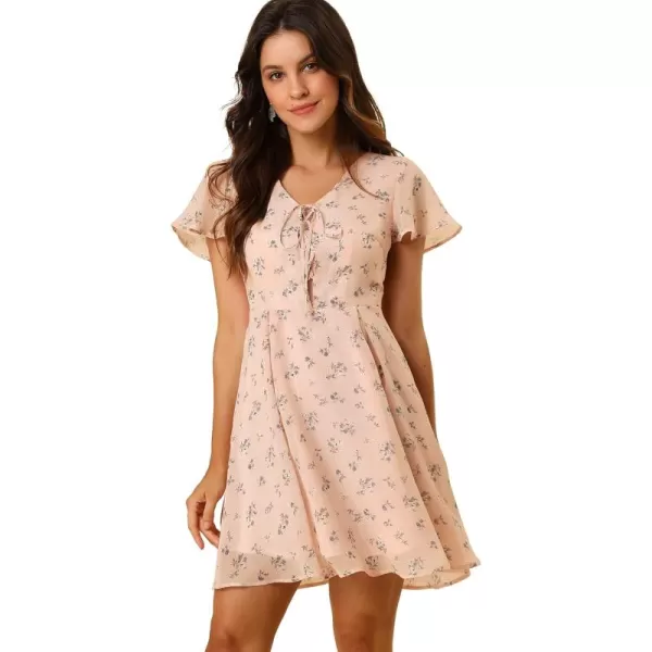 Allegra K Women's Floral Printed Spring Summer Flare Short Sleeve Lace-up V Neck Chiffon Dress