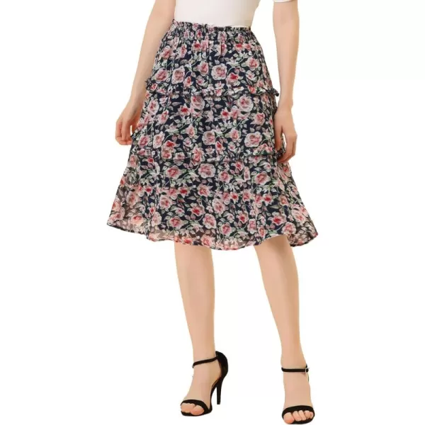 Allegra K Women's Floral Skirts Summer Smocked Elastic Waist A-Line Below Knee Length Ruffle Tiered Skirt