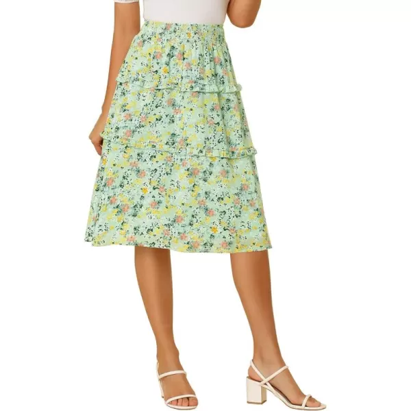 Allegra K Women's Floral Skirts Summer Smocked Elastic Waist A-Line Below Knee Length Ruffle Tiered Skirt