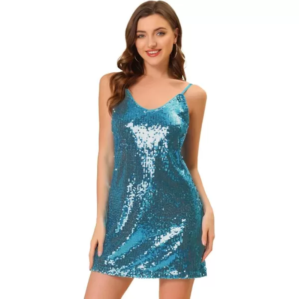 Allegra K Women's Glitter Sequin Dress V Neck Spaghetti Strap Christmas Mini Party Dress Clubwear