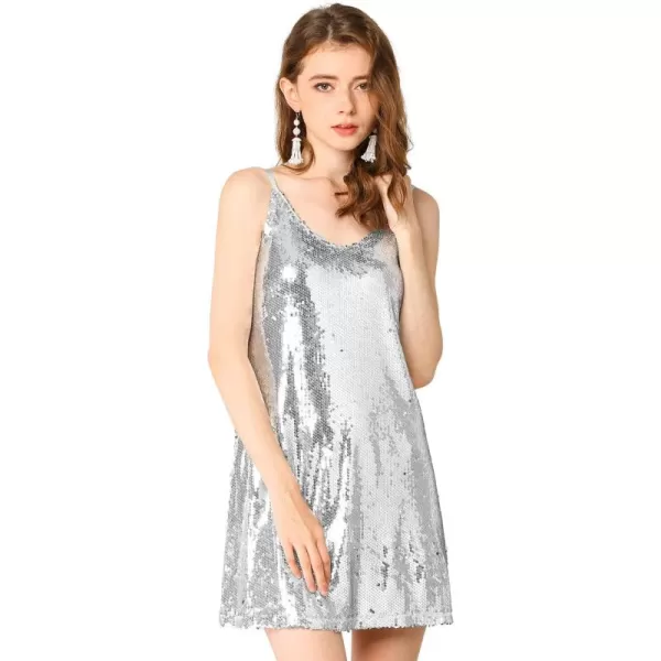 Allegra K Women's Glitter Sequin Dress V Neck Spaghetti Strap Christmas Mini Party Dress Clubwear