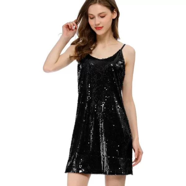 Allegra K Women's Glitter Sequin Dress V Neck Spaghetti Strap Christmas Mini Party Dress Clubwear