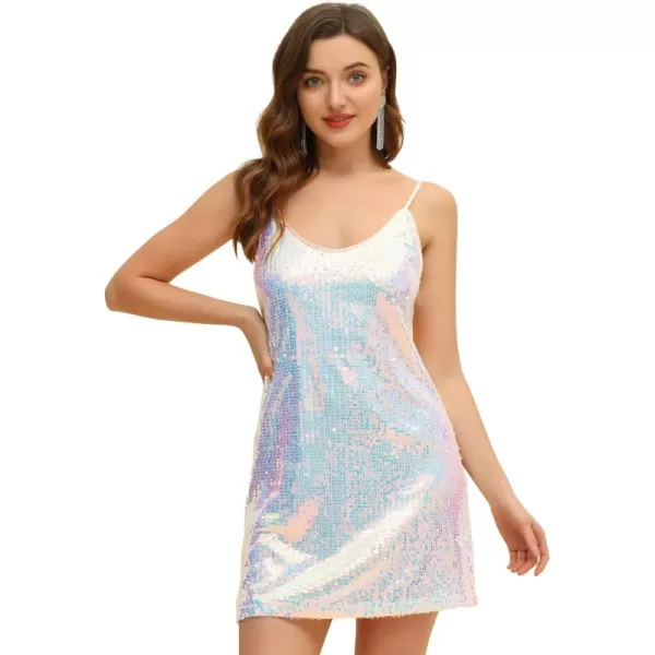 Allegra K Women's Glitter Sequin Dress V Neck Spaghetti Strap Christmas Mini Party Dress Clubwear