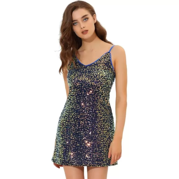 Allegra K Women's Glitter Sequin Dress V Neck Spaghetti Strap Christmas Mini Party Dress Clubwear