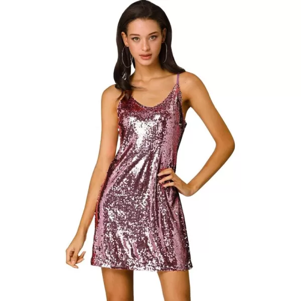 Allegra K Women's Glitter Sequin Dress V Neck Spaghetti Strap Christmas Mini Party Dress Clubwear