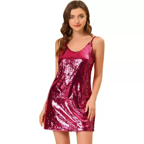 Allegra K Women's Glitter Sequin Dress V Neck Spaghetti Strap Christmas Mini Party Dress Clubwear