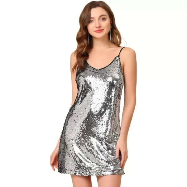 Allegra K Women's Glitter Sequin Dress V Neck Spaghetti Strap Christmas Mini Party Dress Clubwear)