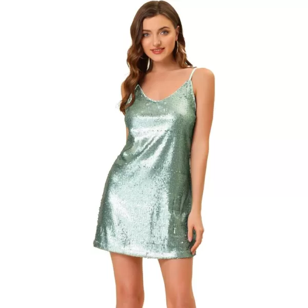 Allegra K Women's Glitter Sequin Dress V Neck Spaghetti Strap Christmas Mini Party Dress Clubwear