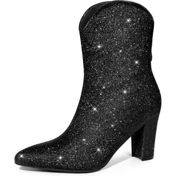 Allegra K Women's Glitter V Shape Pointy Toe Back Zipper Block Heels Mid Calf Boots