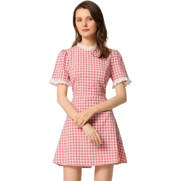 Allegra K Women's Halloween Dorothy Dress Costume Summer Ruffle Neck Lace Panel Short Sleeve Check Gingham Dress