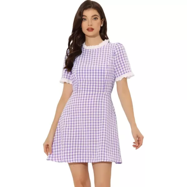 Allegra K Women's Halloween Dorothy Dress Costume Summer Ruffle Neck Lace Panel Short Sleeve Check Gingham Dress