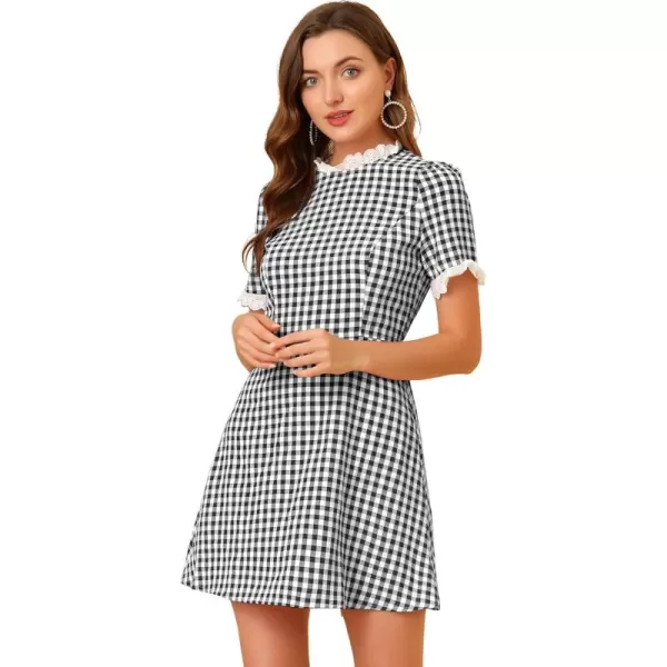 Allegra K Women's Halloween Dorothy Dress Costume Summer Ruffle Neck Lace Panel Short Sleeve Check Gingham Dress