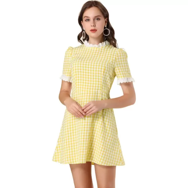 Allegra K Women's Halloween Dorothy Dress Costume Summer Ruffle Neck Lace Panel Short Sleeve Check Gingham Dress