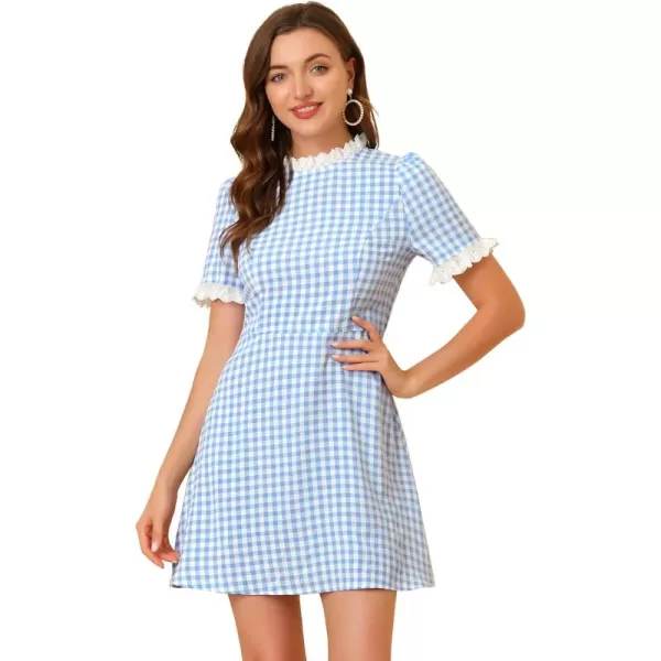 Allegra K Women's Halloween Dorothy Dress Costume Summer Ruffle Neck Lace Panel Short Sleeve Check Gingham Dress