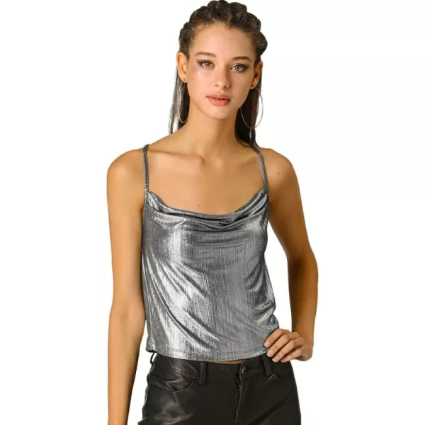 Allegra K Women's Halloween Metallic Glitter Spaghetti Strap Camisole Cowl Neck Sparkly Club Top