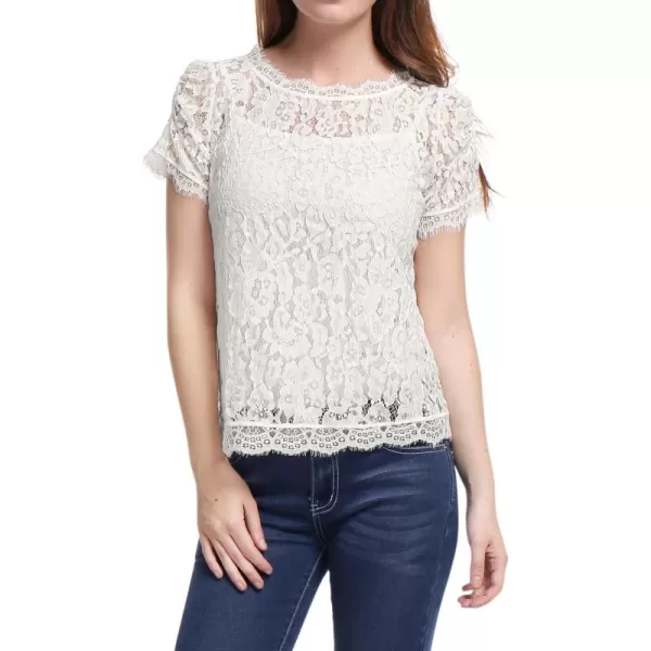 Allegra K Women's Lace Floral Scalloped Trim Short Sleeve Semi Sheer Top