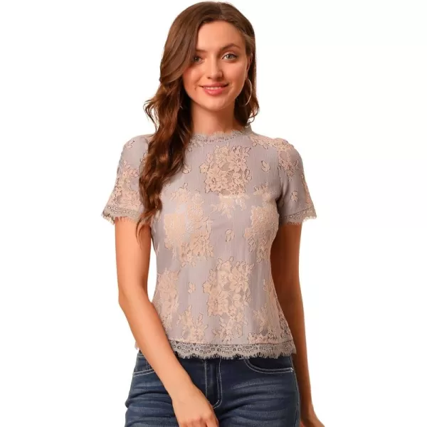 Allegra K Women's Lace Floral Scalloped Trim Short Sleeve Semi Sheer Top