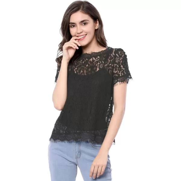 Allegra K Women's Lace Floral Scalloped Trim Short Sleeve Semi Sheer Top