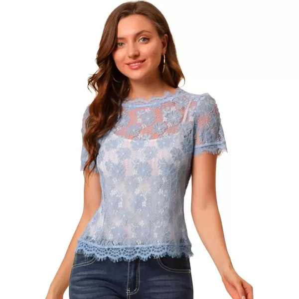 Allegra K Women's Lace Floral Scalloped Trim Short Sleeve Semi Sheer Top