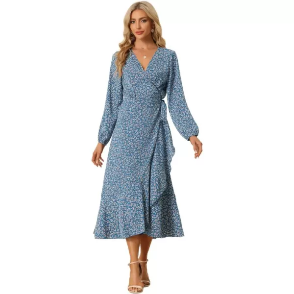 Allegra K Women's Long Sleeve Midi Dress Tie Waist Vintage Floral Print Wrap Boho Flowy Long Dresses