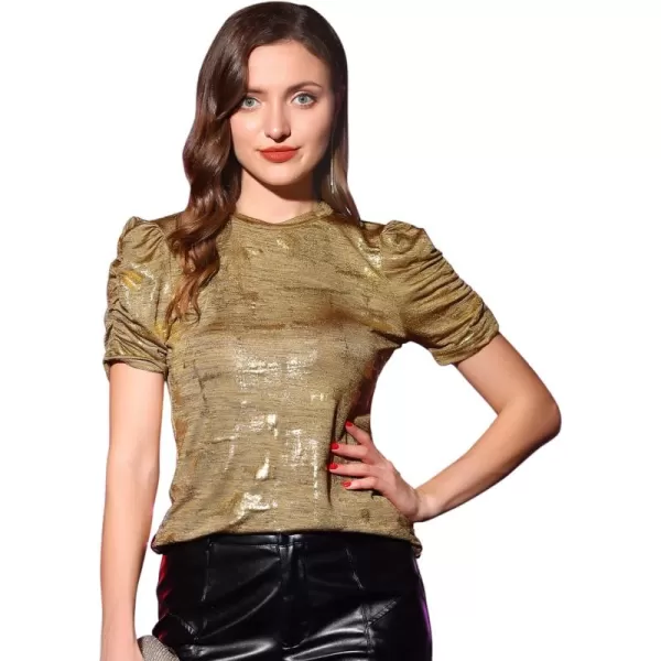 Allegra K Women's Metallic Glitter Top Party Round Neck Puff Sleeve Stretch Shiny Sparkly Tops