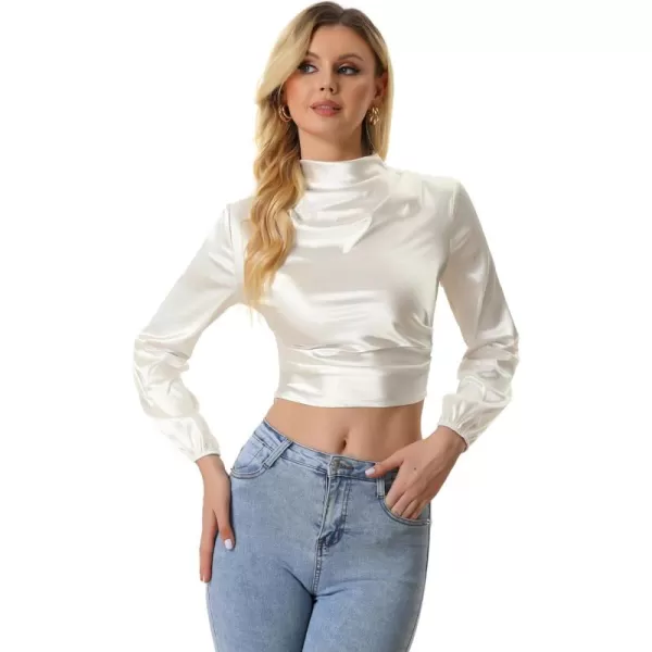 Allegra K Women's Mock Neck Long Sleeve Blouse Ruched Satin Crop Top